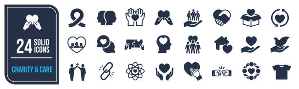 illustrazioni stock, clip art, cartoni animati e icone di tendenza di raccolta di icone solide per la beneficenza e la cura. contiene icone di donazione, amicizia, volontariato, fondazione, ecc. per il design del marketing del sito web, il logo, l'app, il modello, l'interfaccia utente, ecc. - consolare immagine