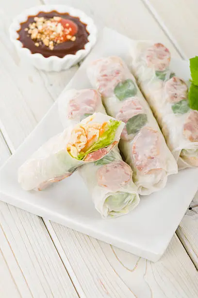 Vietnamese fresh summer rolls with Chinese sausage, jicama, carrots, lettuce, egg and dried shrimp served with hoisin and peanut dip.