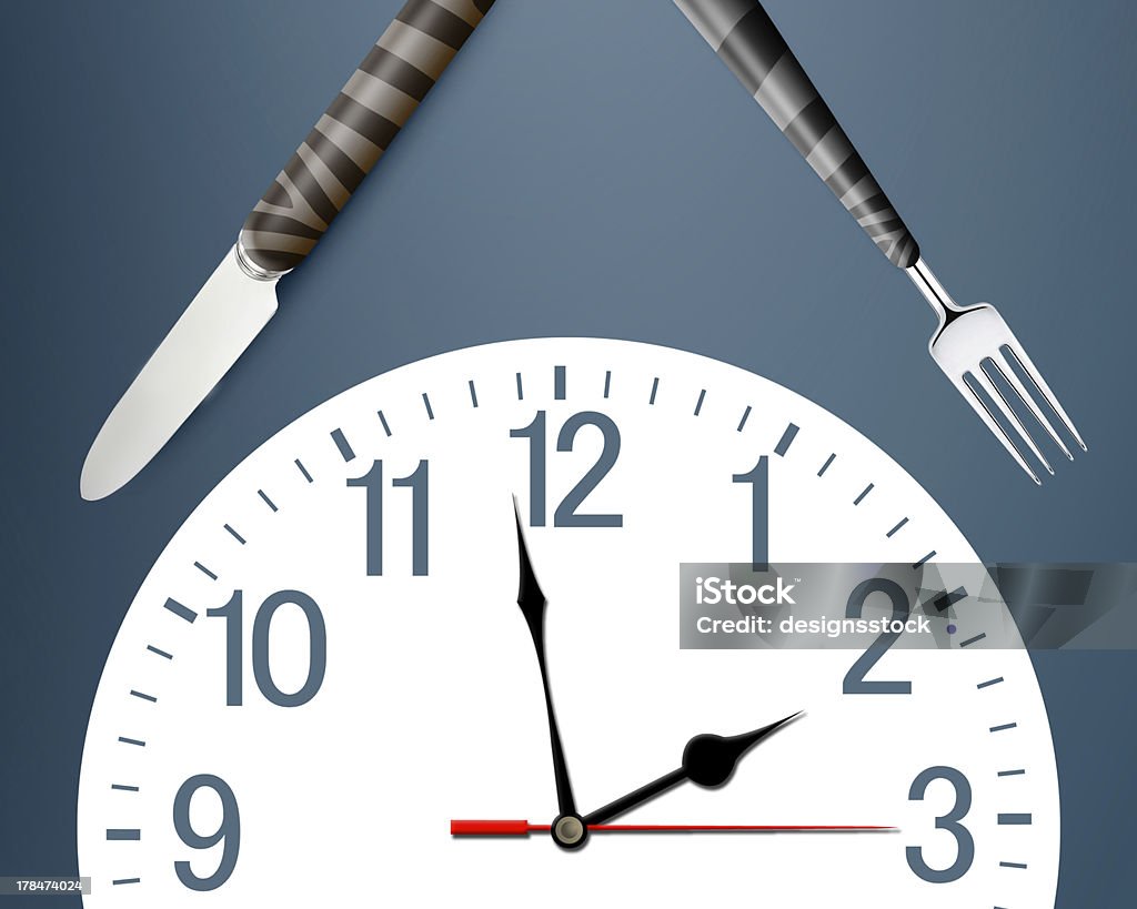 Lunch time Lunch time concept, clock in plate, knife and fork Clock Stock Photo