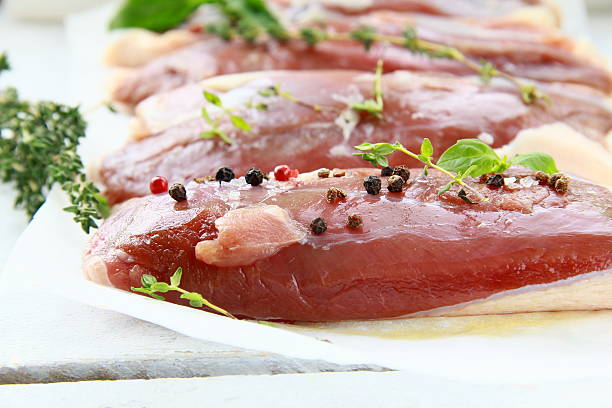 raw meat, duck fillet with spices and herbs