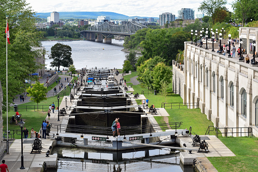 September 1, 2019 - Ottawa, Ontario, Canada: View of Ottawa Locks and Ottawa River busy with tourists sightseeing