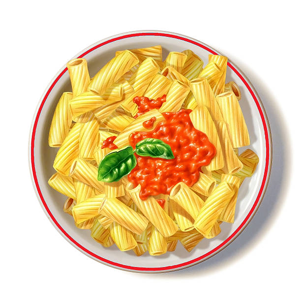 Macaroni plate with tomato sauce and basil, viewed from top, with drop shadow on white background. Airbrush illustration.