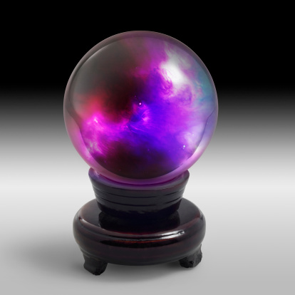 a mystic crystal ball with colorful scenery inside and stand in gradient grey gradient back