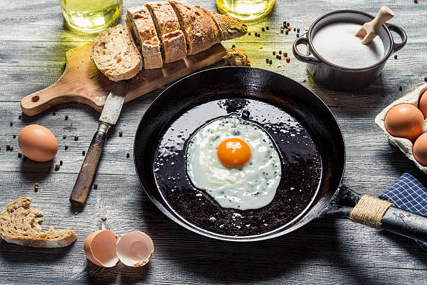 istock Fried egg on a pan served with homemade bread 178475625