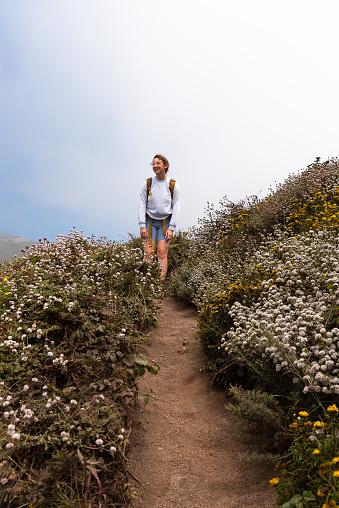 Beautiful summer mountain and flower landscape. Young woman hiking, Pacific Ocean, Garrapata State Park and Beach, Big Sur, California, USA
