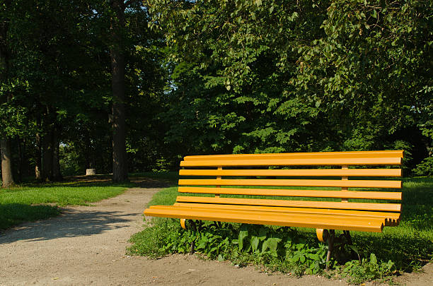 Yellow wooden park bench under lime trees in sunlight and ancient altar in distance.
