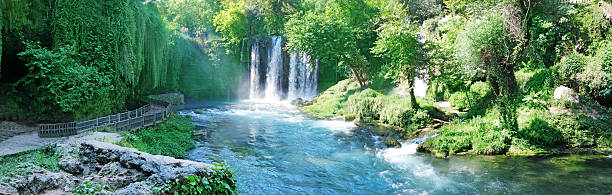 panorama of waterfall duden turkey waterfall falling view out of grotto panorama Duden stock pictures, royalty-free photos & images