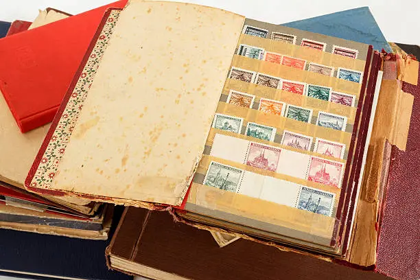 Photo of philatelic stamp collection albums