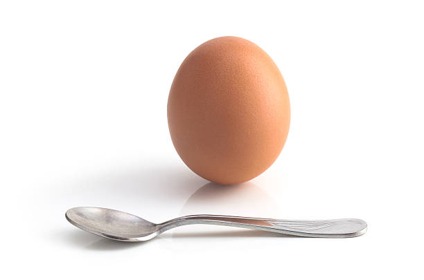 egg and spoon on white background stock photo