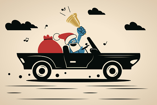 Cute Christmas Characters Vector Art Illustration.
Happy Blue Santa Claus delivers gifts in a car rings a jingle bell and wishes you a Merry Christmas and a Happy New Year.