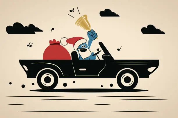 Vector illustration of Happy Blue Santa Claus delivers gifts in a car rings a jingle bell and wishes you a Merry Christmas and a Happy New Year