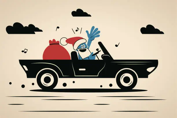 Vector illustration of Happy Blue Santa Claus delivers gifts in a car waves hello and wishes you a Merry Christmas and a Happy New Year