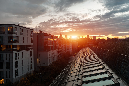 Warsaw skyline view from university library at sunset, downtown discrict