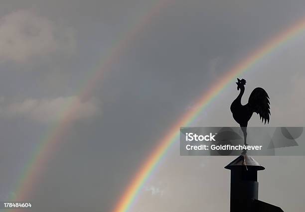 Cockerel Weathervane Against Genuine Double Rainbow Sky Stock Photo - Download Image Now