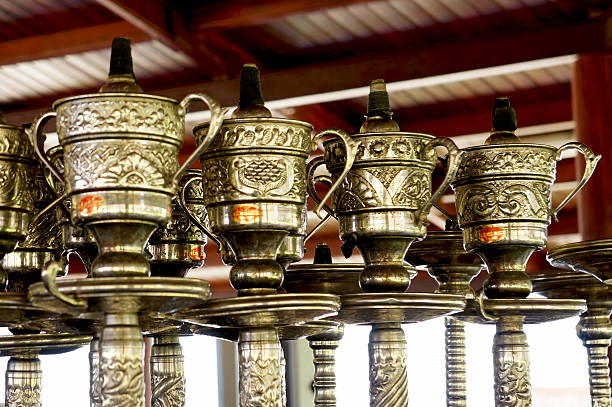 Metallic and decorated waterpipes stock photo