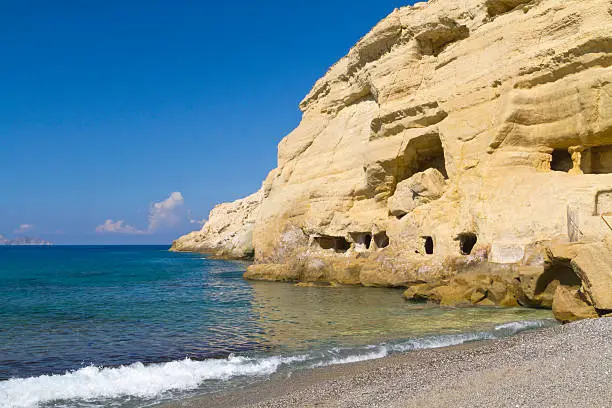 Matala sandstone hippy caves on Crete by the sea in Greece