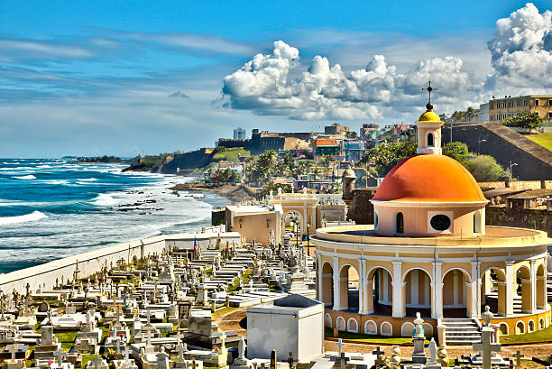 Cemetery at Old San Juan "View of the coast from the cemetery at Old San Juan, Puerto Rico." morro castle havana stock pictures, royalty-free photos & images