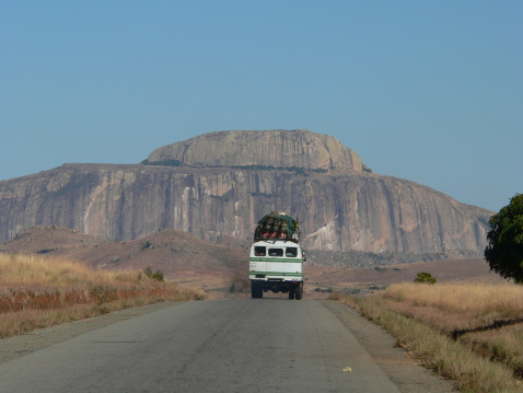 Back view of public bus on a madagascar road