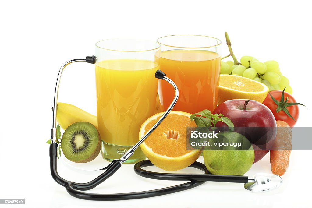 Healthy eating "Healthy eating. Fresh fruits, vegetables, juice and stethoscope" Apple - Fruit Stock Photo