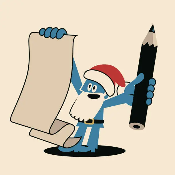 Vector illustration of Happy Blue Santa Claus writing and looking at his list of Christmas presents or letters