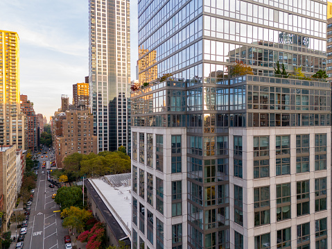 New York, NY, USA - October 26, 2023: Aerial photo 200 West End Avenue a luxury condominium complex in New York City