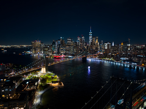 Aerial view of Manhattan from across the river at night