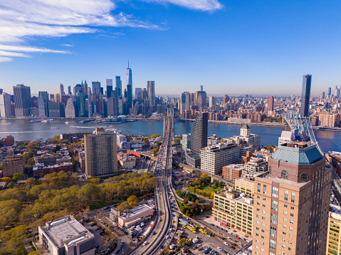 Find an amazing view of Manhattan from Brooklyn. Aerial photo