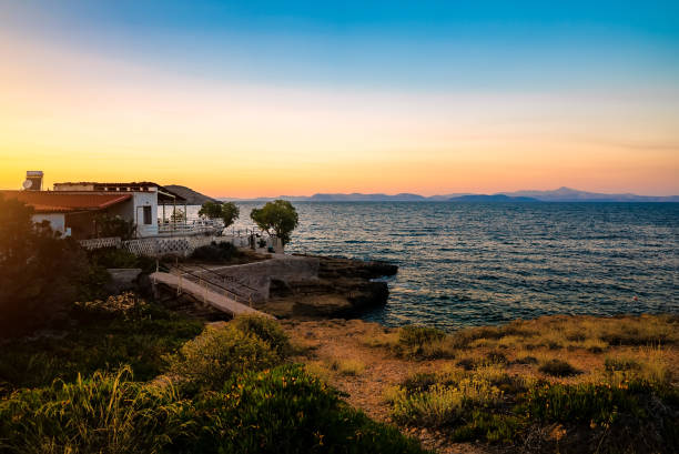 House by the sea at sunset.