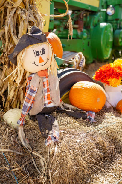 istock Festive fall farm scene with pumpkins and scarecrows 1784890022