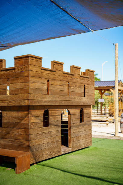 The internal structure of an old military fortress built of coniferous logs. Visible combat moves, cooking center. Reconstruction of the fortress of the ancient Slavs. Russia, Karelia, Sortavala