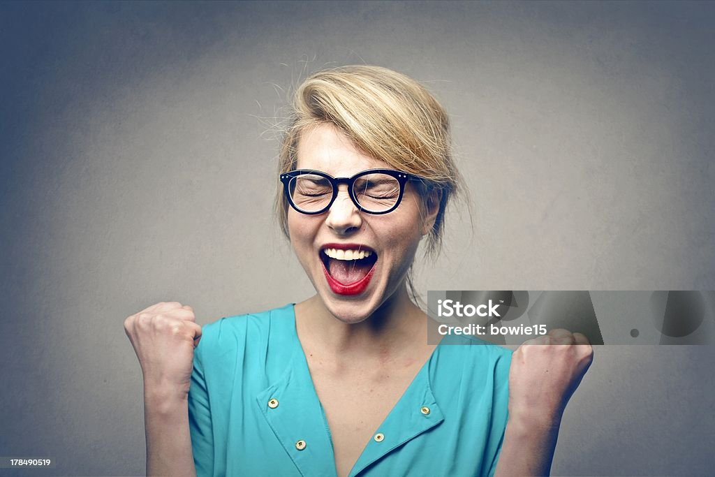 happyness happy blonde woman screaming Adult Stock Photo