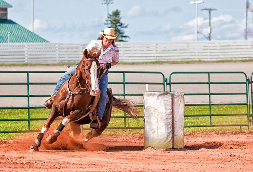 Western horse and rider competing in pole bending and barrel racing competition.