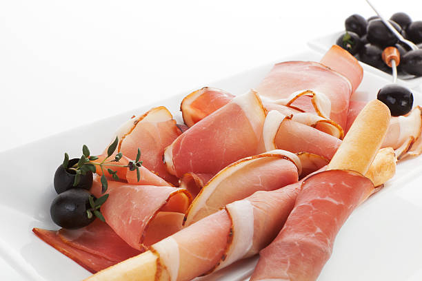 istock Prosciutto slices with black olives. 178491729