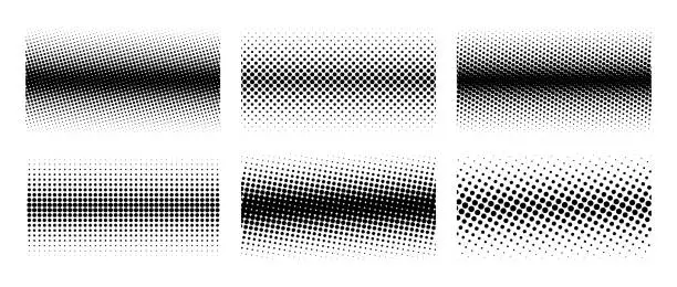 Vector illustration of Different halftone gradient backgrounds set. Cartoon dots texture wallpaper collection. Black and white comic design cover pack for banner, poster, print. Pop art dotted vector illustration bundle