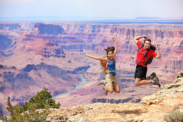 povo feliz saltar no grand canyon - american holiday imagens e fotografias de stock