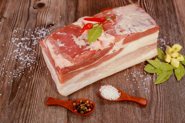 istock Raw pork belly with spices on wooden background 1784940231