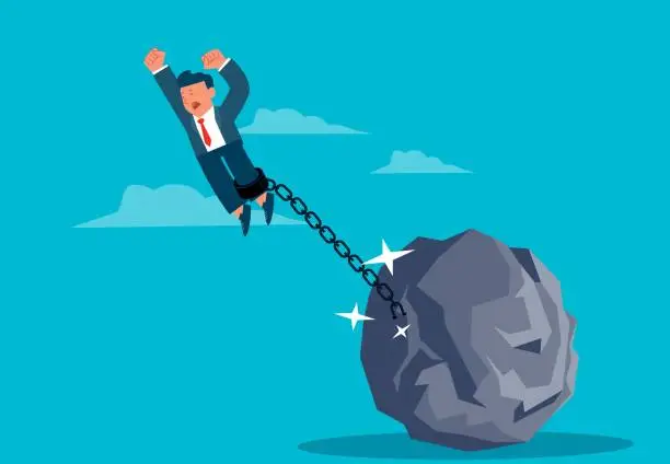 Vector illustration of Restriction of freedom, constraint, prohibition, entrapment, obstacle or frustration, the businessman who tries to take off but is chained to a huge rock