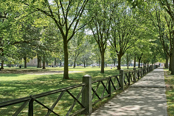 A sidewalk with a fence at New Haven green stock photo