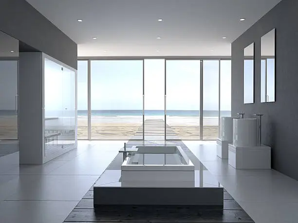 "Designer Bathroom with Oceanview, 3D Render"