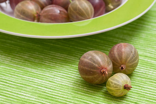Three green gooseberries on a green blanket