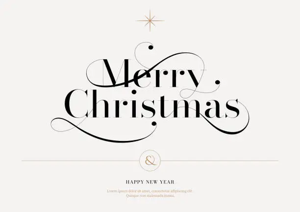 Vector illustration of Merry Christmas lettering template. Xmas greeting card template, Invitation script calligraphy, Creative typographic quote, Holiday postcard element. Hand drawn modern style. Trendy vector line illustration.