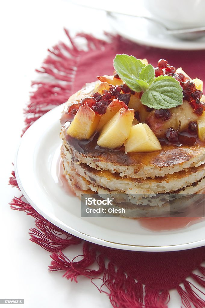 Cheese casserole Cheese casserole with peach slices and currant jam. Sweet dessert Baked Stock Photo