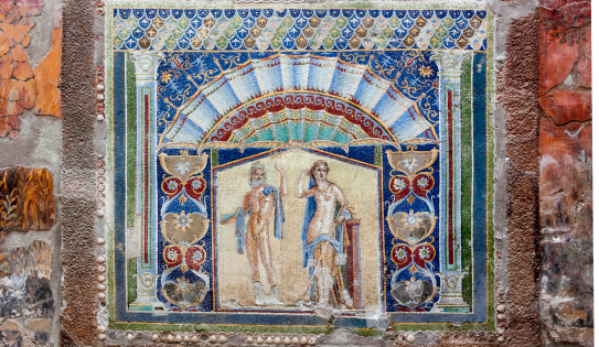 The beautifully preserved and restored wall mosaic from the house of Neptune and Amphitrite in Herculaneum