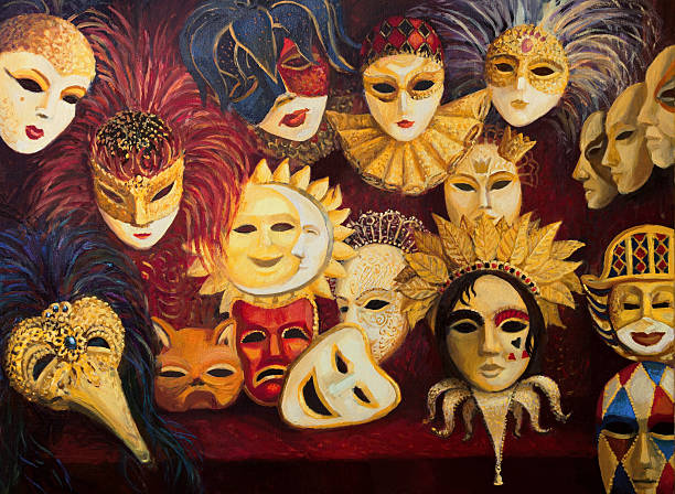 Venetian Masks An oil painting on canvas of a colorful ornate traditional venetian masks on display, over a dark red curtain. painted masquerade masks stock illustrations