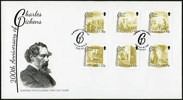 Alderney 2012  stamp printed in Alderney shows Charles Dickens (1812-1870), illustrations from Oliver Twist by George Cruikshank (1792-1878), 200th anniversary of Charles Dickens, circa 2012