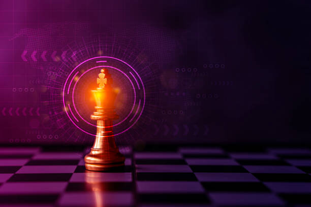 istock Golden king chess encounter with gold chess enemy on dark background and connection line for strategy idea and futuristic concept. 1784982936