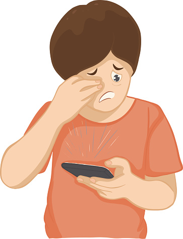 Cartoon drawing of a boy who has eye strain, pain around the eyes, or eye strain from looking the phone for a long time. vector illustration.