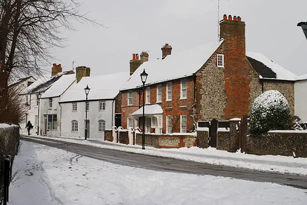 Covering of snow on street in Broadwater near Worthing. West Sussex. England