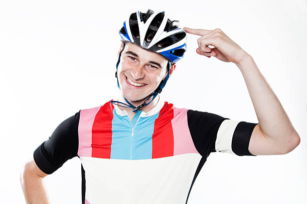 istock Young male cyclist pointing at helmet 178501882