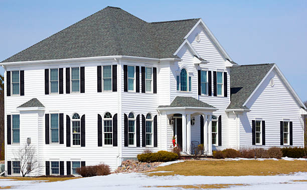 grande branco mansão casa no cenário de inverno - siding house plastic roof - fotografias e filmes do acervo